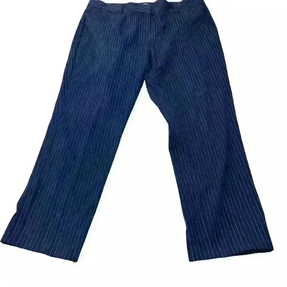 Lands End Pants Womens 8 Blue Striped Straight Leg Mid Rise Flat‎ Front